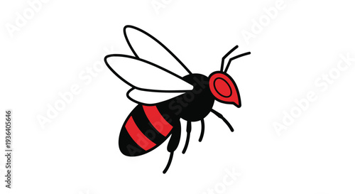A cartoon illustration of a red and black wasp flying with a swirly eye