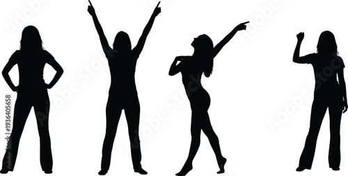 Set of black silhouettes of young women standing in various expressive poses, pointing up, and celebrating isolated on white background,