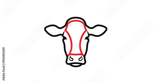 A simple line drawing of a cows head with red outline