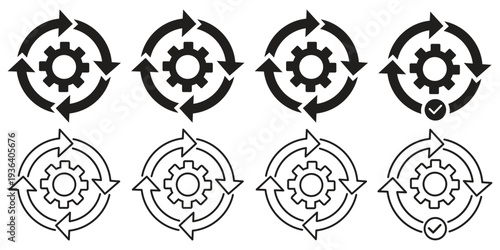Sync process and workflow icon set. data synchronization symbols, arrows and cycle line art, professional vector illustration. minimalist technology and data flow design elements.