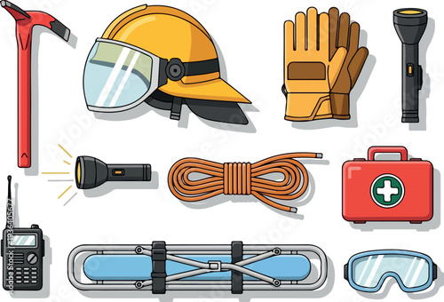 Assorted safety equipment and tools arranged neatly for a construction project site preparation