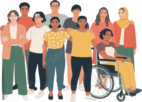 Diverse community group vector illustration with inclusive people, friends, and colleagues standing together for social unity