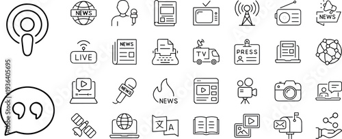 Collection of Mass media Linear Icons, News media Web Icon Set in Line Style. Including tv, radio, newspaper, magazine, news, broadcasting, press, interview, journalism and more.eps