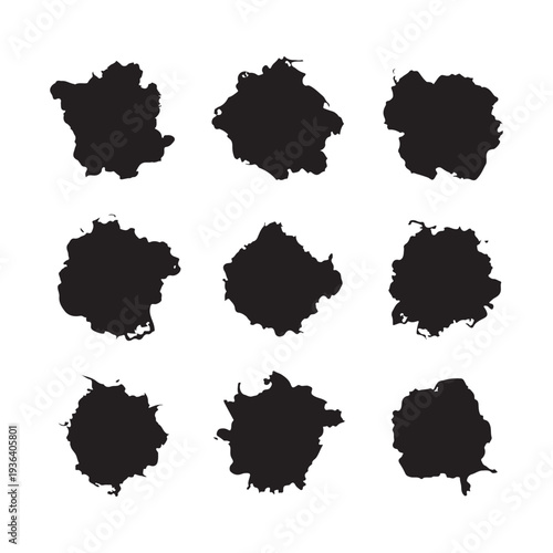 Nine abstract black shapes arranged in a grid pattern isolated on transparent background