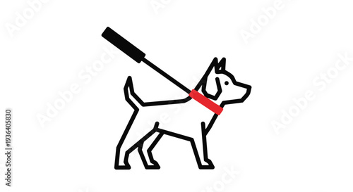 A black line drawing of a dog on a leash with a red collar