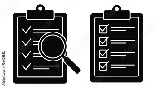 Clipboards with checklists and magnifying glass for inspection
