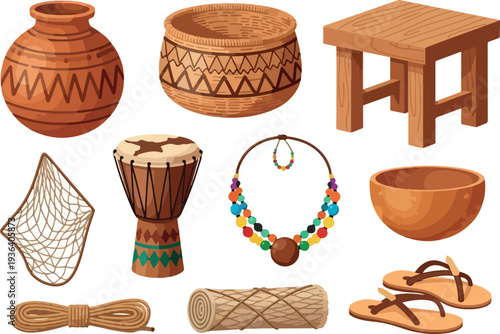 Assorted African cultural artifacts displayed on a white background, featuring pottery, jewelry, and traditional items from various viewpoints.