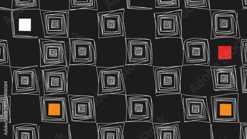 Abstract geometric pattern of hand-drawn white spirals on black squares with occasional pops of red and orange color accents.
