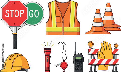 Collection of Safety Equipment and Traffic Control Devices for Roadwork