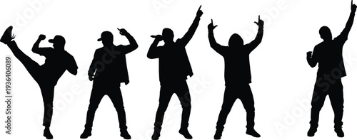 Set of black silhouettes of performers singing into microphones, dancing, and cheering isolated on white background for entertainment and music,