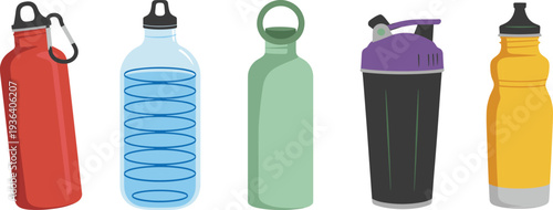 Reusable water bottle vector set with various colorful plastic and metal sports containers for fitness hydration
