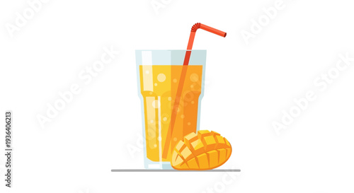 Glass of mango juice with straw and fresh fruit
