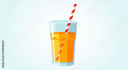 Glass of orange juice with striped straw on light background