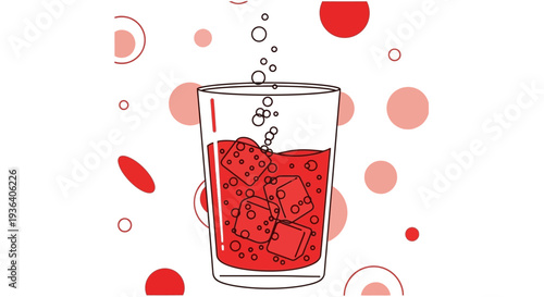 Glass of red sparkling drink with ice cubes and bubbles