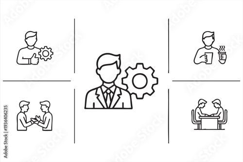 Minimal Business Teamwork Line Icon Set for Corporate Management and Office Workflow