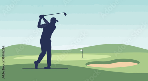 Golfer silhouette swinging on green golf course illustration