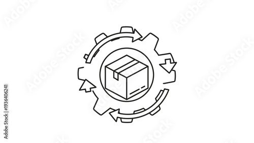 Package box inside a mechanical gear with circular arrows representing automated logistics, process optimization, and system efficiency.