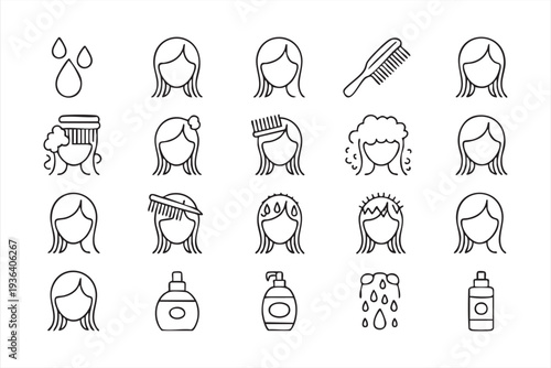 Minimalist hair care vector icon bundle with woman hairstyle washing shampoo and grooming symbols for beauty brands