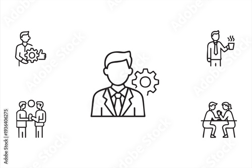 Modern Office Collaboration and Productivity Outline Icons for Business UI Design