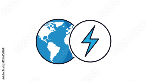 Global electricity and world power icon featuring an earth globe next to a lightning bolt symbol for international energy concepts.