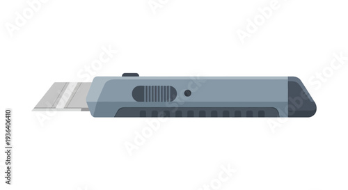 Grey utility knife with sharp blade in flat style