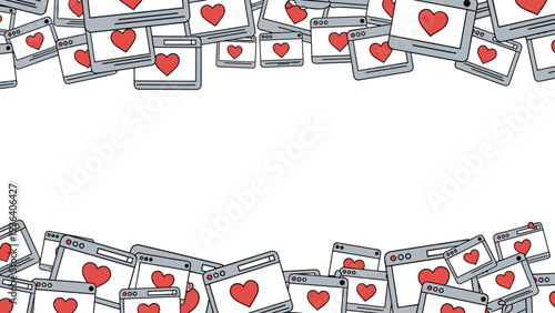 Border frame composed of multiple overlapping web browser windows with red heart icons representing social media likes and online love.