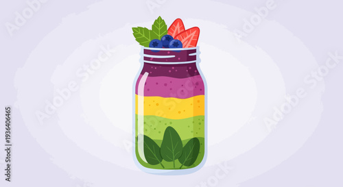 Healthy layered smoothie in a jar with fresh fruits and leaves