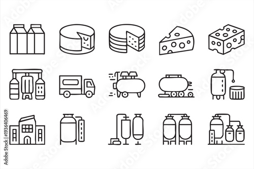 Minimal Food Industry Icons Featuring Cheese, Milk Packaging and Dairy Factory