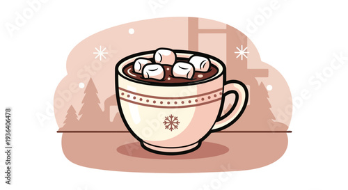 Hot chocolate mug with marshmallows in a cozy winter scene