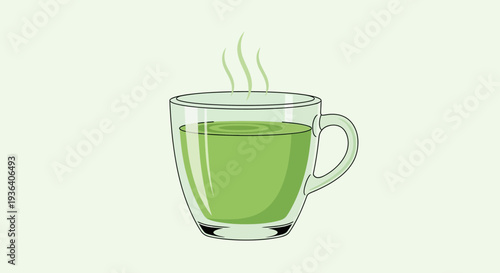 Hot green tea in clear mug with steam on green background