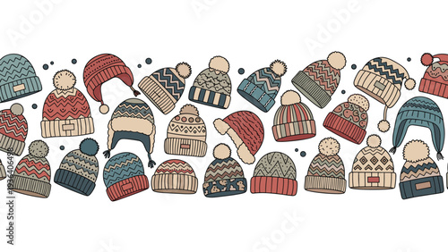 Decorative border frame featuring a variety of hand-drawn colorful winter hats and knitted beanies for cold weather fashion themes.