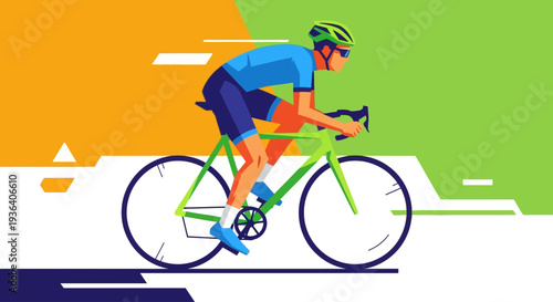 Male cyclist riding racing bicycle in dynamic graphic illustration