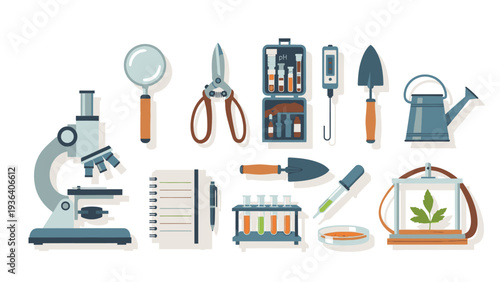Flat lay of various scientific and gardening tools and equipment on a white background with a colorful and organized composition.