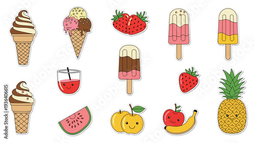 Collection of cute cartoon stickers featuring various fruits like pineapple and apple, along with colorful ice cream cones and popsicles.
