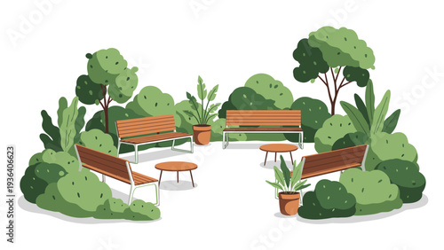 Illustration of a serene outdoor seating area with benches, table, and lush greenery, featuring potted plants and trees on a white background.