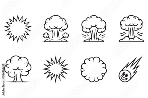 Minimal Explosion and Blast Line Icon Set Featuring Mushroom Cloud and Comic Bursts