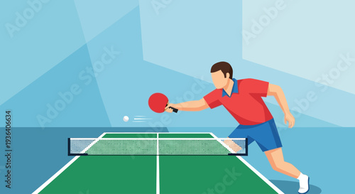 Man playing table tennis, hitting ball with red paddle