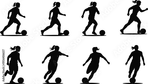 Set of black silhouettes of female soccer players dribbling and kicking a ball isolated on white background for sports design,