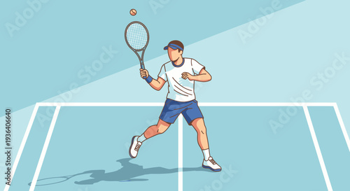 Man playing tennis on court hitting ball with racket