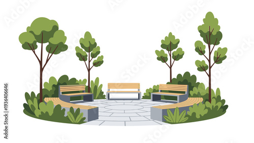 Illustration of a serene park scene with three benches, trees, and bushes on a white background, featuring a pathway and green foliage.