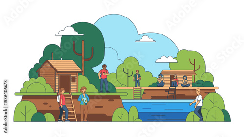 Illustration of people engaging in various outdoor activities near a serene lake with trees, houses, and a bridge, set against a blue sky with clouds.