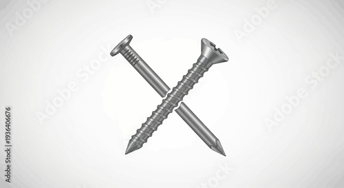 Metal screw, nail, and spike crossed on wooden texture