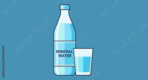Mineral water bottle and glass with blue background