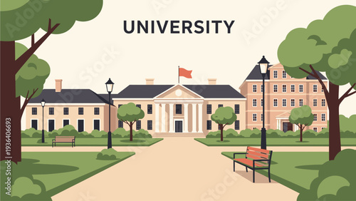 Illustration of a serene university campus with buildings, trees, and a walkway, featuring a flagpole and benches in a peaceful outdoor setting.