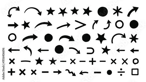 A collection of black symbols and arrows on a white background