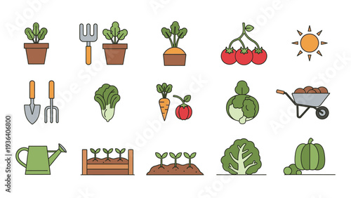 Flat lay illustration of various gardening icons and vegetables on a clean white background.