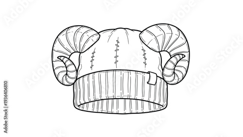 Line art illustration of a knitted beanie hat featuring prominent ram horns, great for unique apparel, costume design, and winter fashion.