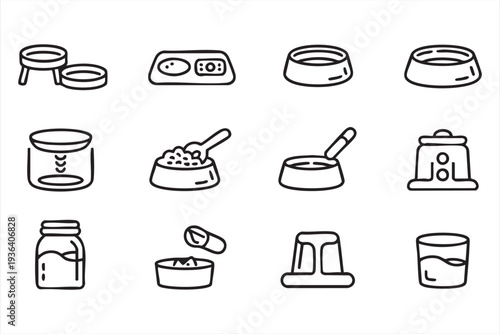Pet Feeding Bowl and Kibble Outline Icon Collection for Animal Care Concepts
