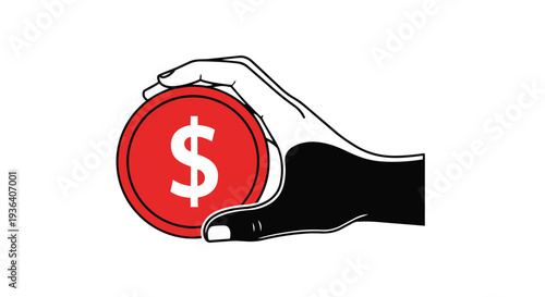 A hand holding a red coin with a dollar sign on it, symbolizing financial concepts and money management