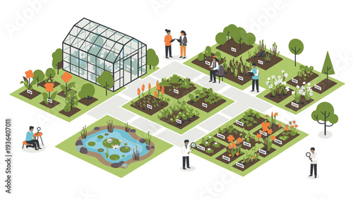 Isometric illustration of people gardening and tending to various plants in a community garden with a greenhouse and pond.